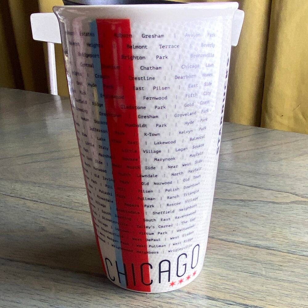 Starbucks Chicago Travel Tumbler Mug with Lid White Red Blue Black